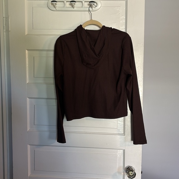 90 Degrees Ribbed Chocolate Brown Hooded Women's Cropped Jacket - Picture 4 of 4